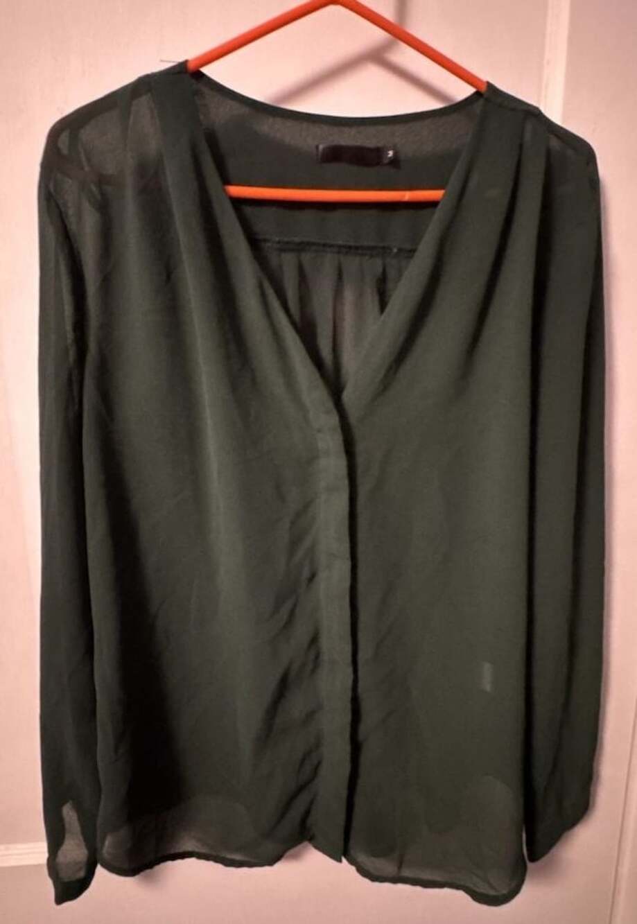 Urban Coco Long Sleeve V-Neck Sheer Blouse in Dark Green, Size M